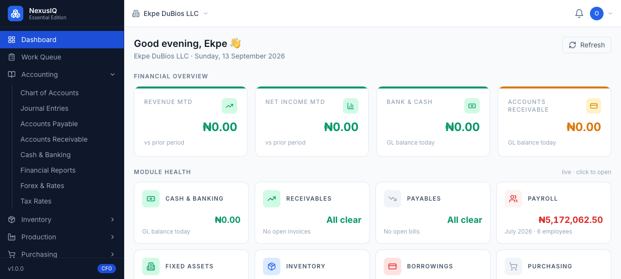 NexusIQ dashboard for Ekpe DuBios LLC: financial overview KPIs and per-module health